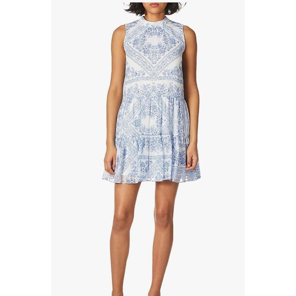 Calvin Klein White and Light Blue Sleeveless Print Mini Dress - Like New